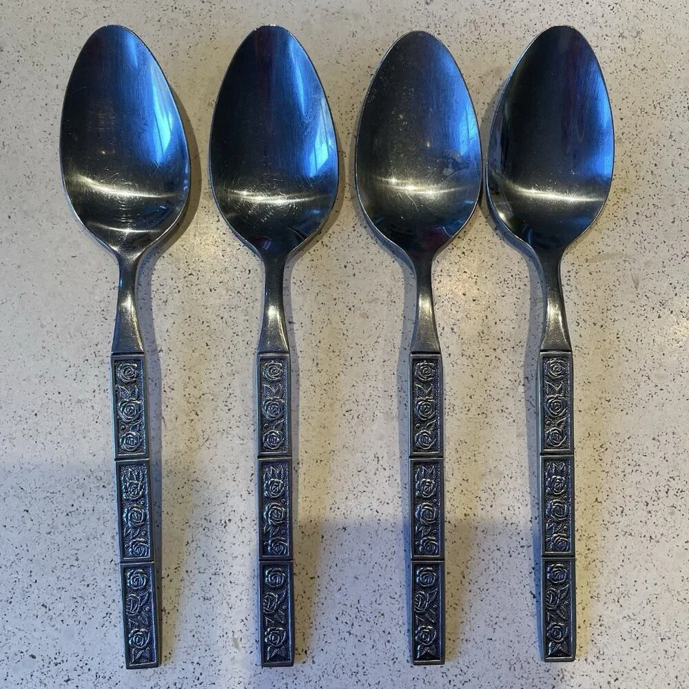 Stanley Roberts Stainless DORETTE Roses Floral Pattern 4 Table / Soup Spoons 7''